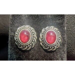 Avon Vintage Earrings Bold Amethyst Color Button Pierced Silver Cabochon Purple